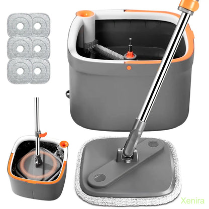Spin Mop and Bucket System with Dual Compartment Mop Bucket & Thick Washable Microfiber Pads for Home Cleaning Household Items