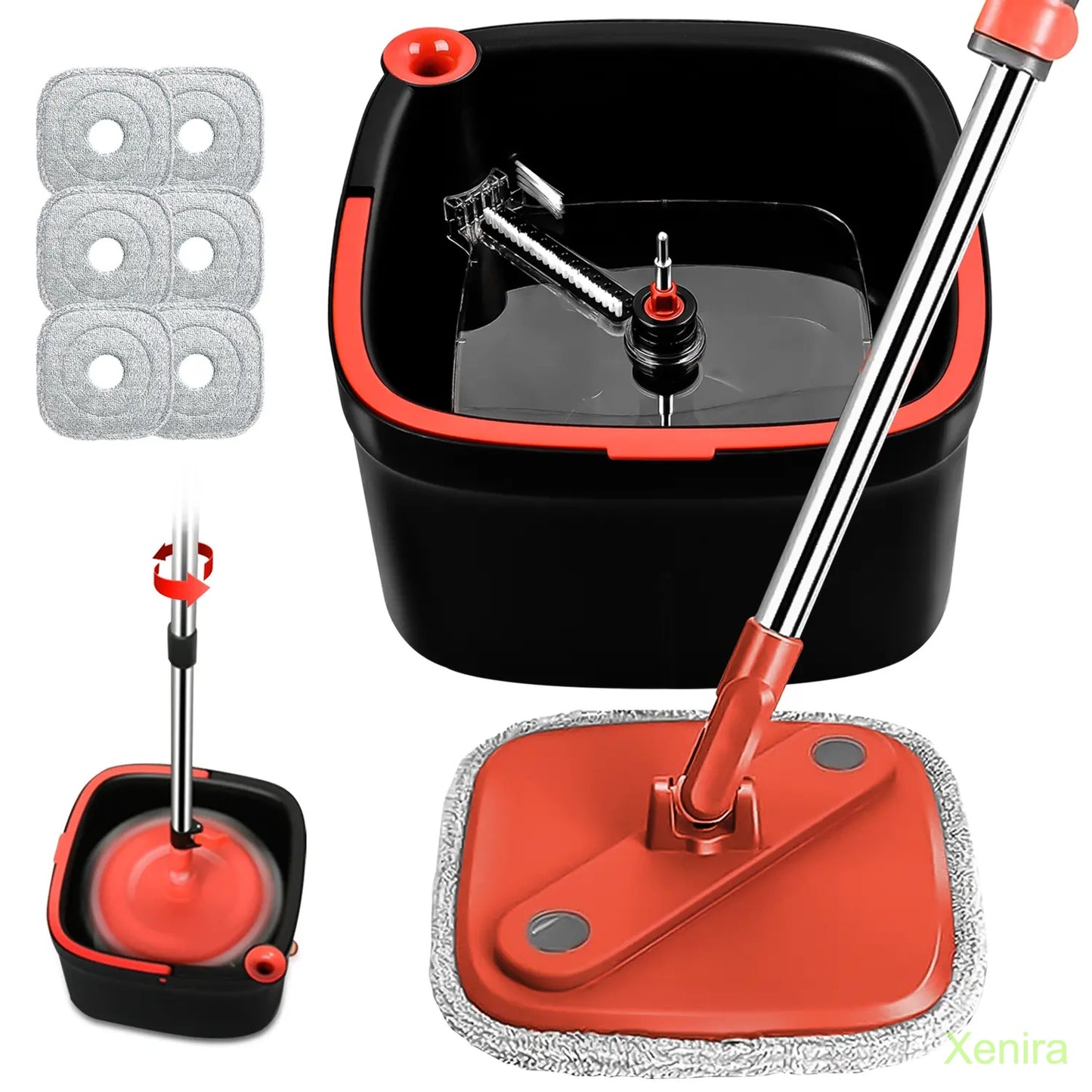 Spin Mop and Bucket System with Dual Compartment Mop Bucket & Thick Washable Microfiber Pads for Home Cleaning Household Items